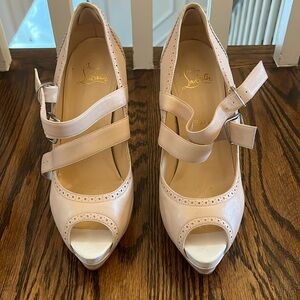 Christian Louboutin Nude Leather Luly Mary Jane Peep Toe Platform Pumps